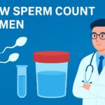 Low sperm count in men causes and solutions illustration showing sperm cells and male reproductive system