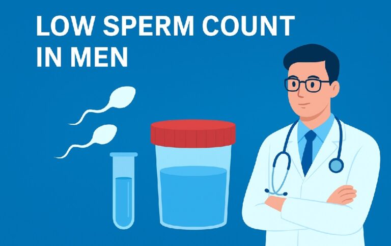 Low sperm count in men causes and solutions illustration showing sperm cells and male reproductive system