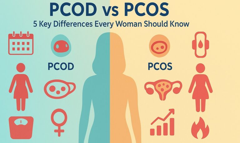 “Infographic comparing PCOD vs PCOS, showing key differences in symptoms, fertility, and health risks in women’s reproductive health.”