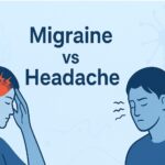Illustration comparing migraine vs headache, showing a person with migraine pain in red and another with headache symptoms, set against a calming blue background with brain motifs