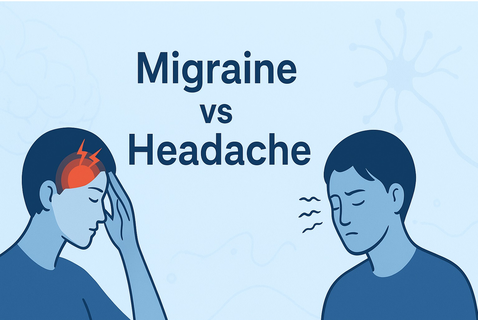 Illustration comparing migraine vs headache, showing a person with migraine pain in red and another with headache symptoms, set against a calming blue background with brain motifs