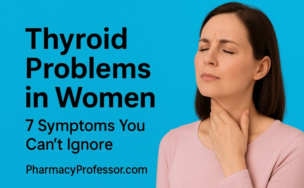 A woman touching her neck showing discomfort, representing thyroid problems in women and early symptoms of thyroid disorder.